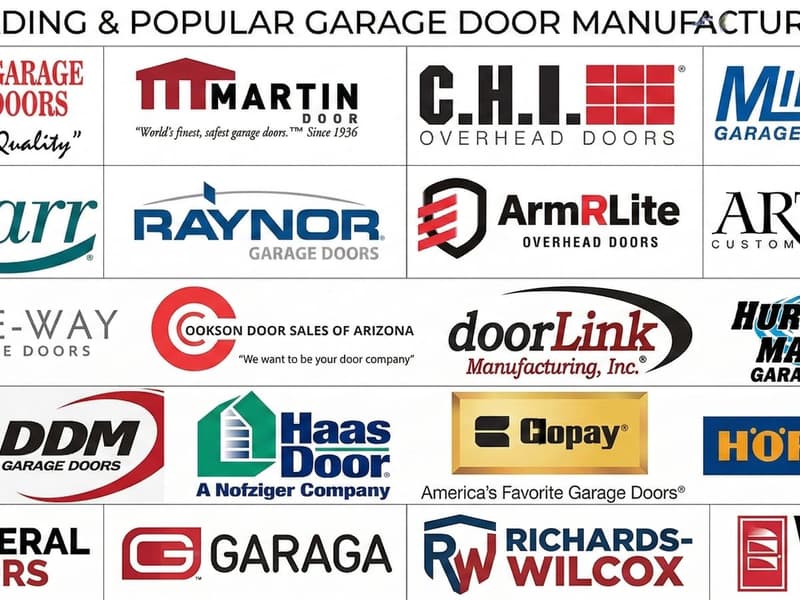 Grid of garage door manufacturer logos including Martin CHI Raynor Amarr Clopay and more