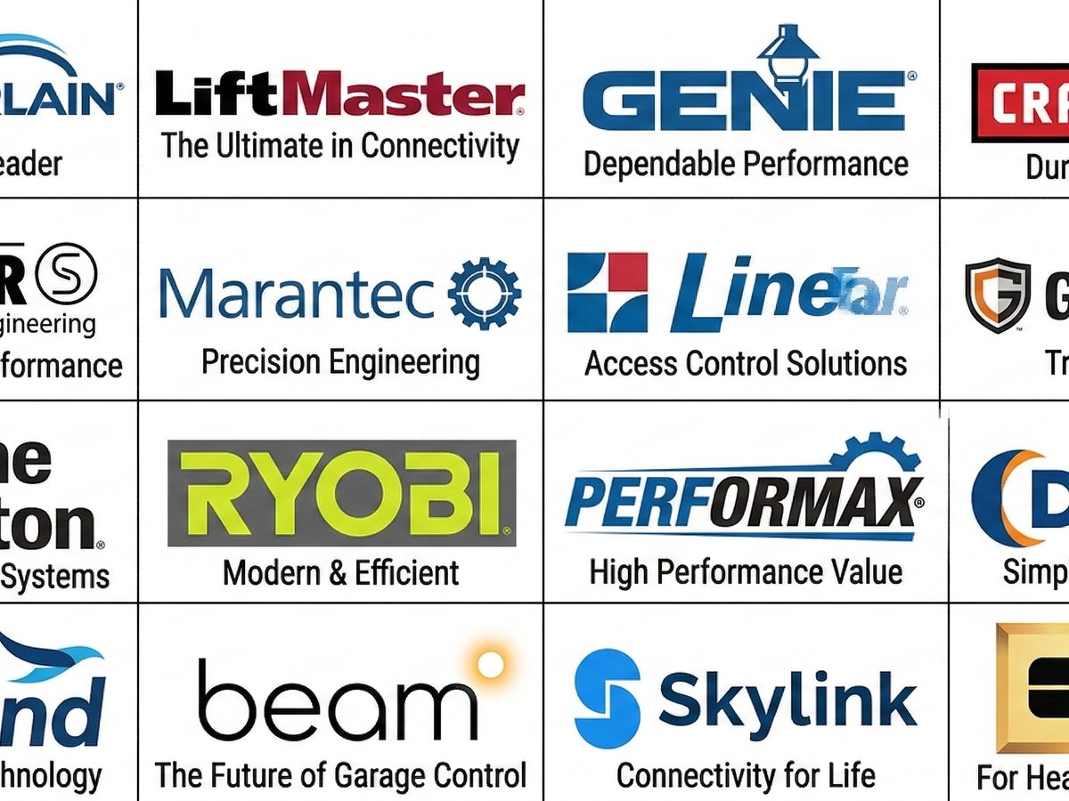 Grid of garage door opener brand logos including Chamberlain LiftMaster Genie Craftsman and more